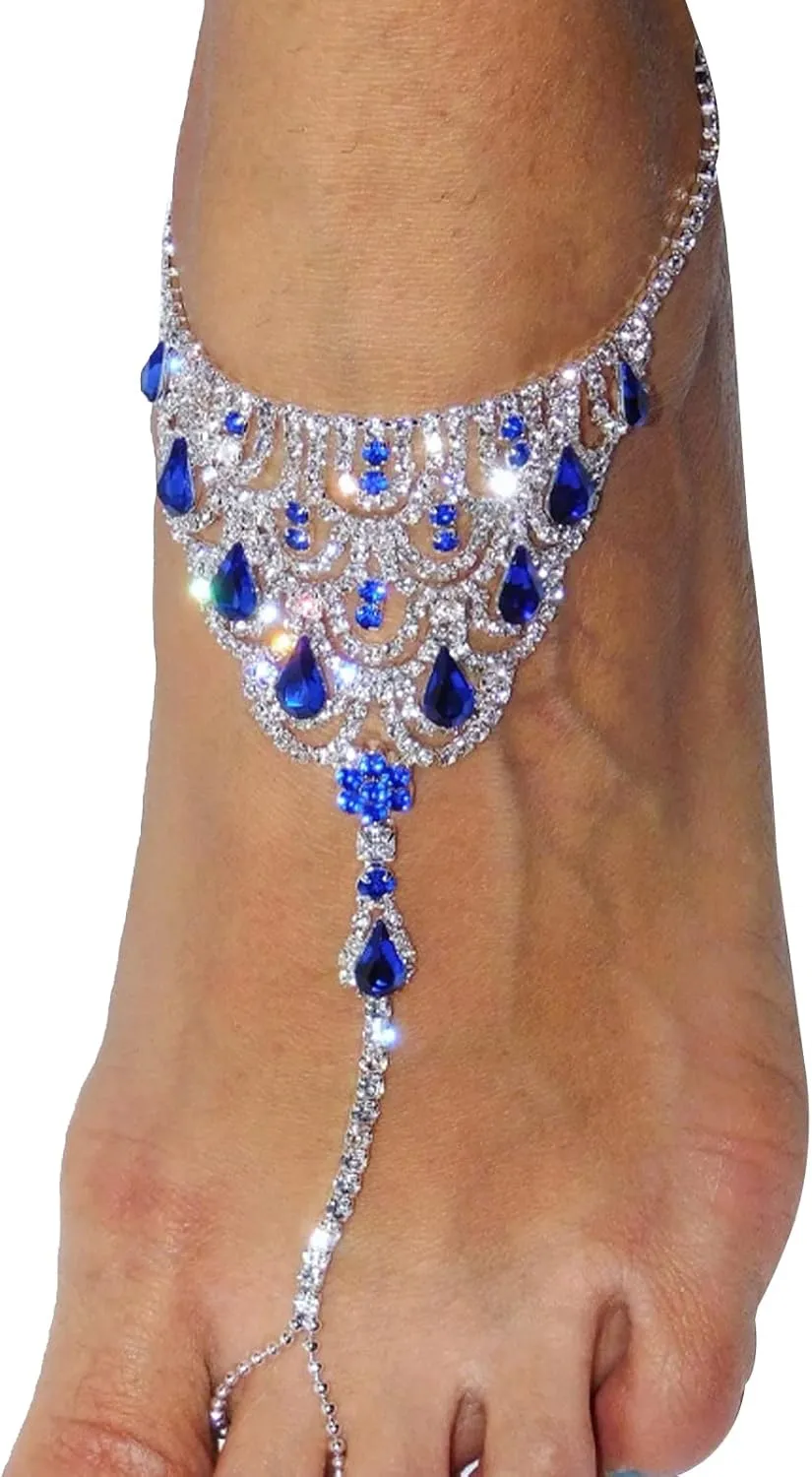 1Pair Beach Rhinestone Barefoot Sandals Anklet with Toe Ring Crystal Anklet Bracelet Rhinestone Bridal Wedding Foot Chain Sandal Anklet for Women