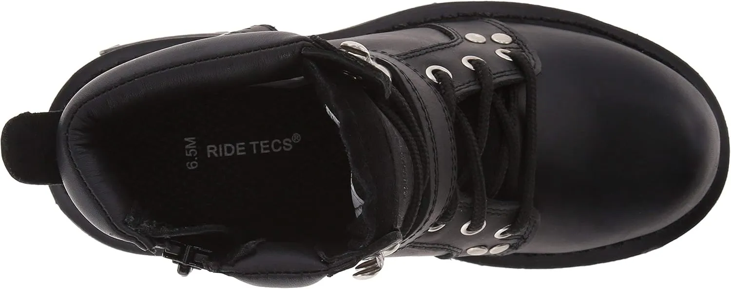 Ad Tec Women's 6 in Lace Up Heels Side Zipper Grain Leather Motorcycle Boots, Black - Soft Toe, Belt Buckle Closer, Oil Resistant Outsole