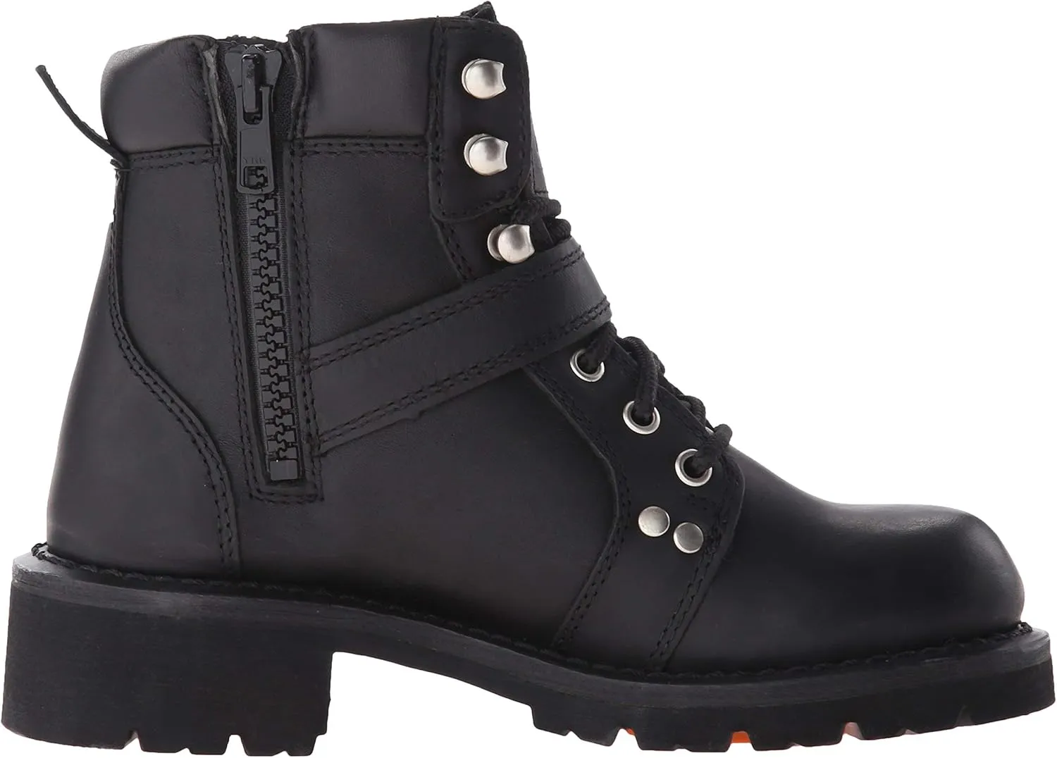 Ad Tec Women's 6 in Lace Up Heels Side Zipper Grain Leather Motorcycle Boots, Black - Soft Toe, Belt Buckle Closer, Oil Resistant Outsole