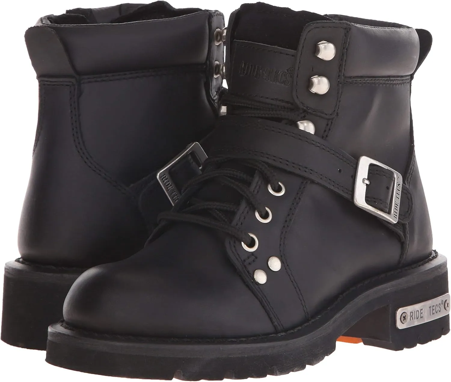 Ad Tec Women's 6 in Lace Up Heels Side Zipper Grain Leather Motorcycle Boots, Black - Soft Toe, Belt Buckle Closer, Oil Resistant Outsole