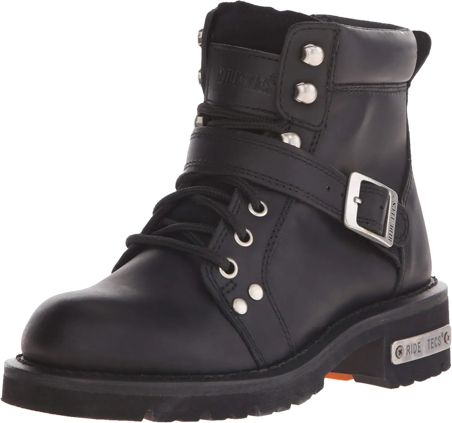 Ad Tec Women's 6 in Lace Up Heels Side Zipper Grain Leather Motorcycle Boots, Black - Soft Toe, Belt Buckle Closer, Oil Resistant Outsole