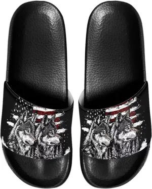 America Flag Wolf Pattern Slippers for Man,Slides Non Slip Shower Sandals House Shoes,Comfy for Outdoor Indoor Home Essential