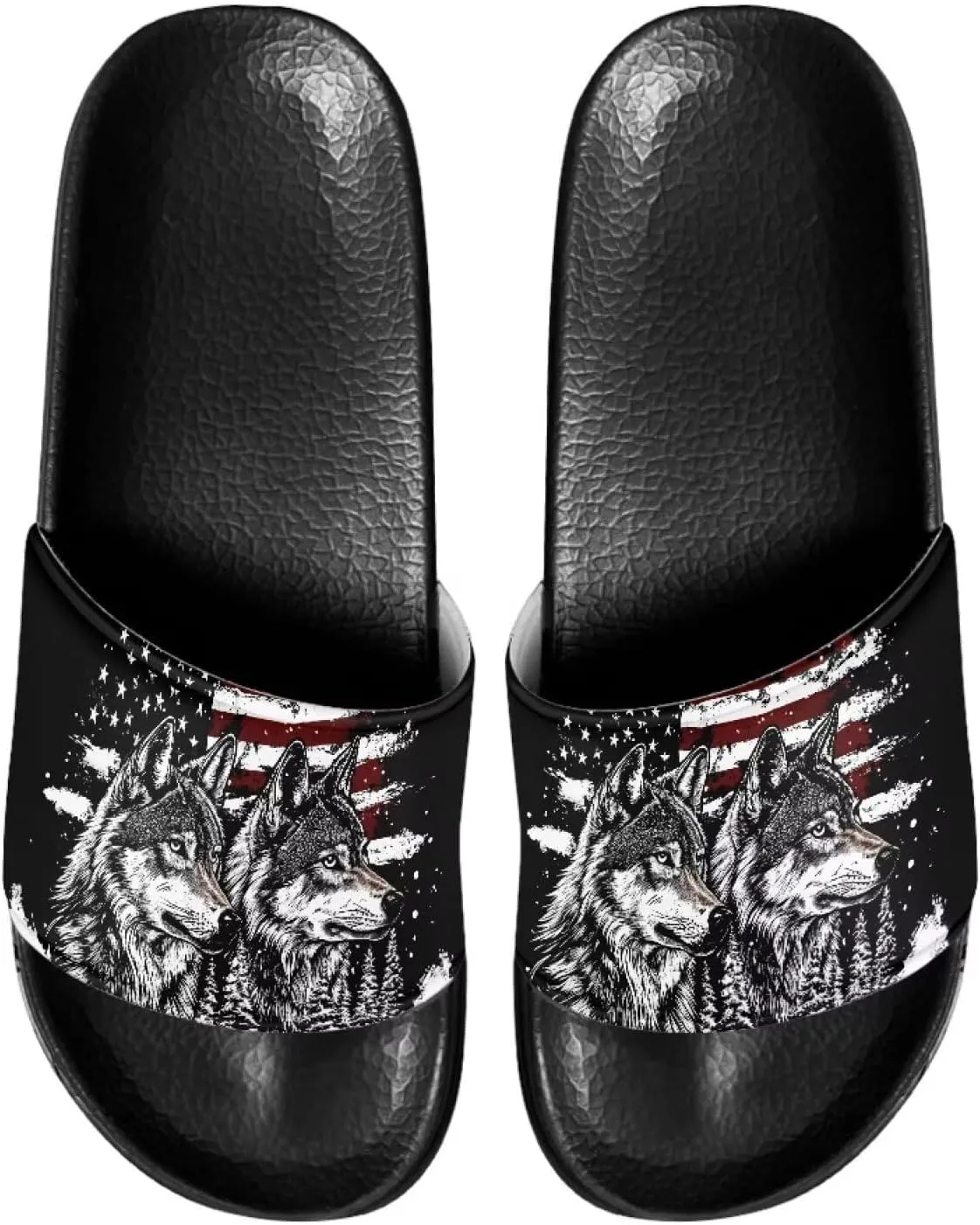 America Flag Wolf Pattern Slippers for Man,Slides Non Slip Shower Sandals House Shoes,Comfy for Outdoor Indoor Home Essential