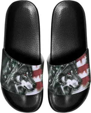 American Flag Wolf Print Slides for Man,Pillow Slides for Man,EVA Anti-Slip Shower Shoes,Open Toe Garden Shoes,Sandals Man,Slippers for Indoor and Outdoor
