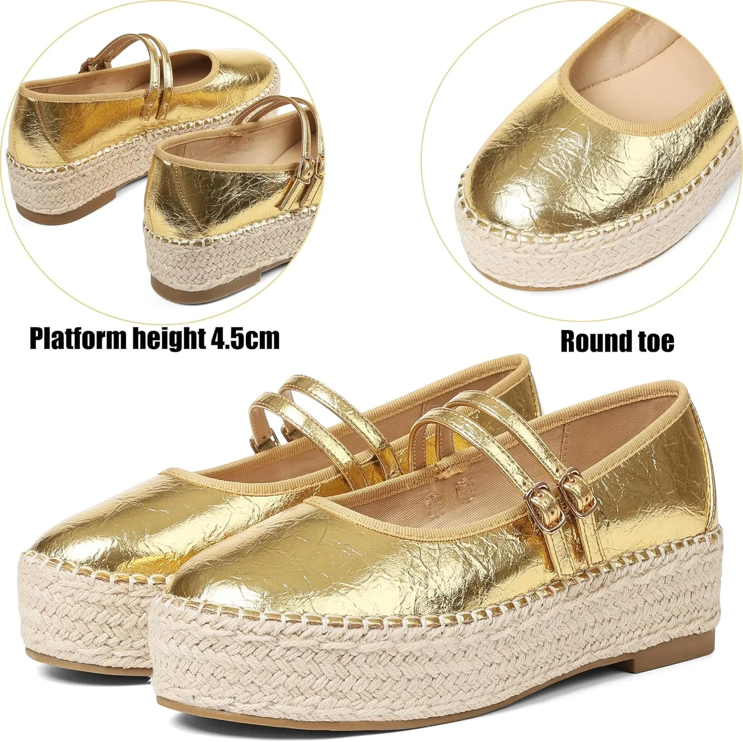 AMINUGAL Mary Jane Flats Women Comfort Round Toe Platform Mary Janes for Women Dressy Woven Platform Espadrilles for Women Casual Cute School Work Mary Jane Shoes