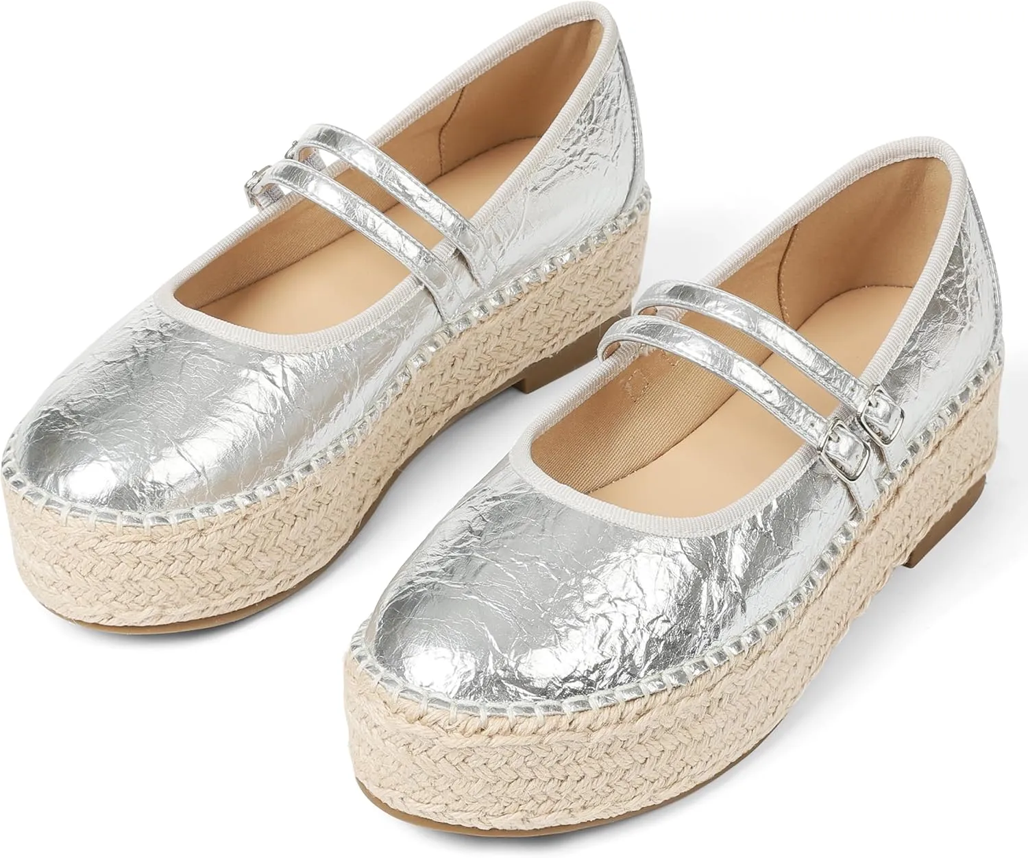 AMINUGAL Mary Jane Flats Women Comfort Round Toe Platform Mary Janes for Women Dressy Woven Platform Espadrilles for Women Casual Cute School Work Mary Jane Shoes
