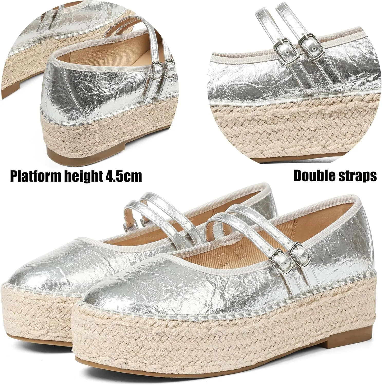 AMINUGAL Mary Jane Flats Women Comfort Round Toe Platform Mary Janes for Women Dressy Woven Platform Espadrilles for Women Casual Cute School Work Mary Jane Shoes