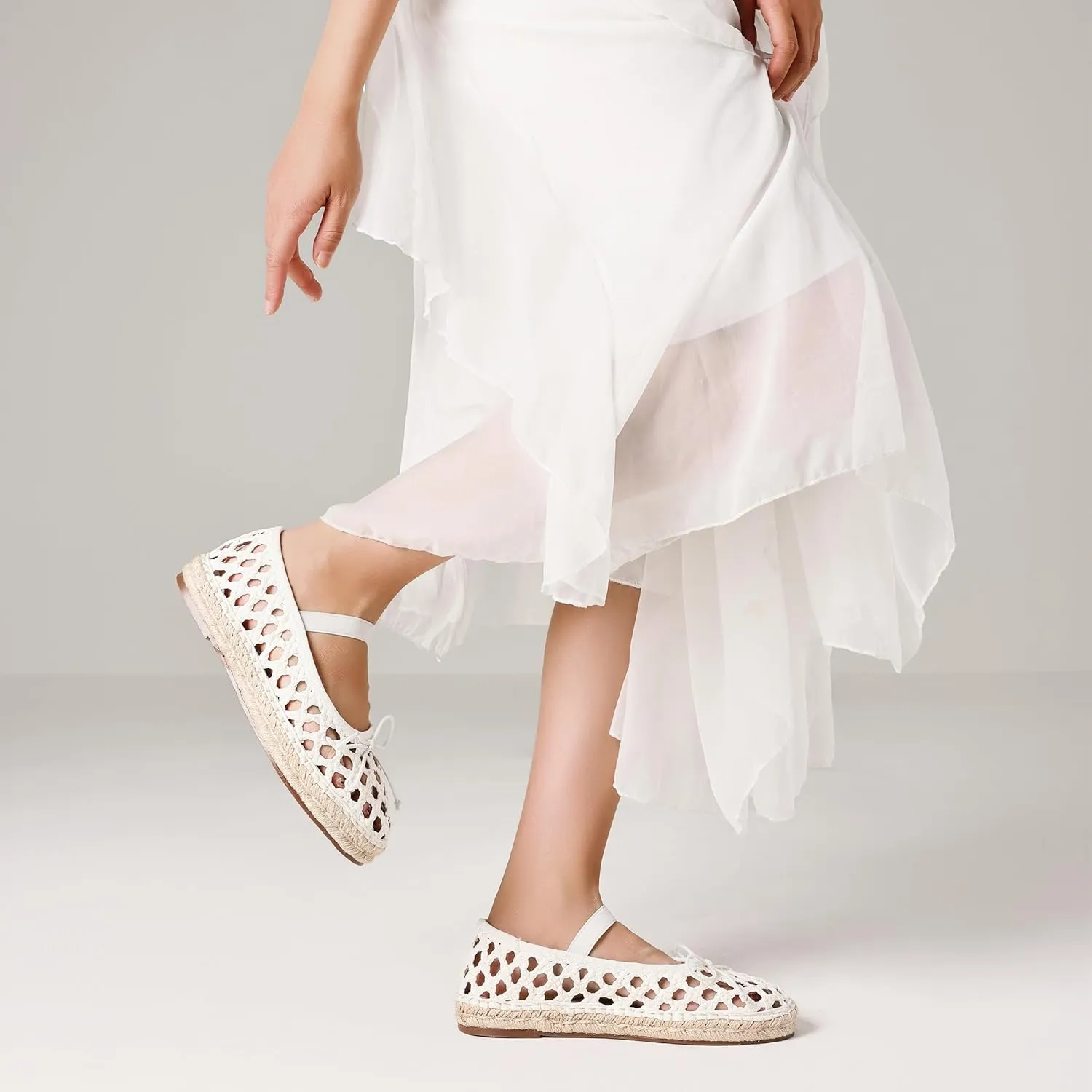 AMINUGAL Mesh Ballet Flats Shoes for Women Round Toe Platform Mary Janes Elastic Espadrilles White Mesh Shoe Woman Dressy Comfortable Ballerina
