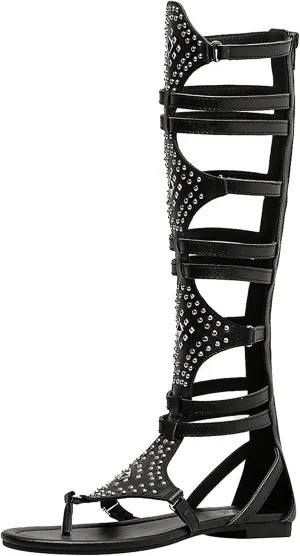 ANUFER Womens Knee High Roman Gladiator Sandals Rivets Studded Strappy Zipper Thong Sandals