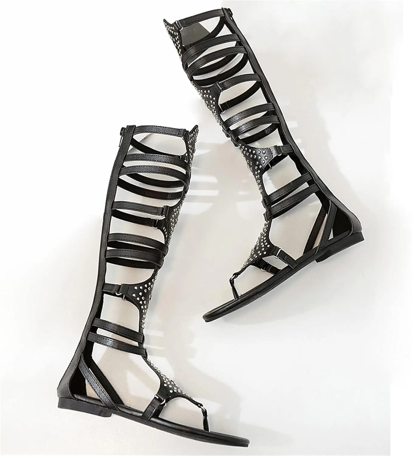 ANUFER Womens Knee High Roman Gladiator Sandals Rivets Studded Strappy Zipper Thong Sandals