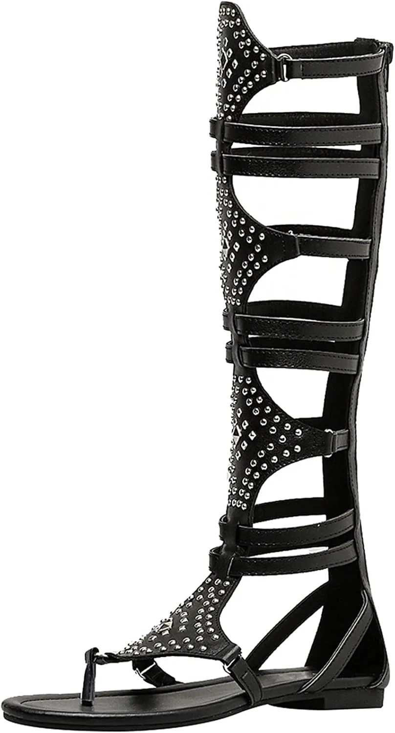ANUFER Womens Knee High Roman Gladiator Sandals Rivets Studded Strappy Zipper Thong Sandals