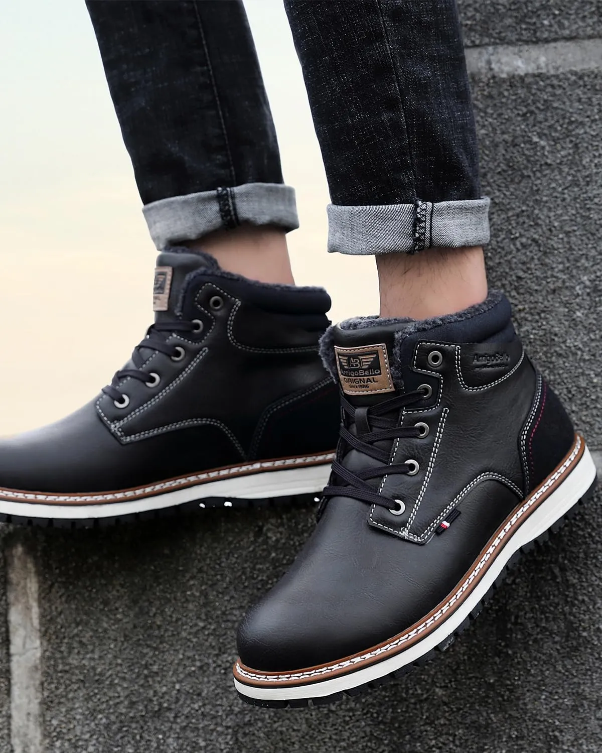 ARRIGO BELLO Mens Winter Boots Snow Casual Booties Warm Fur Mesh Lined Ankle Outdoor Lightweight Non-Slip Trekking Walking Leather Shoes