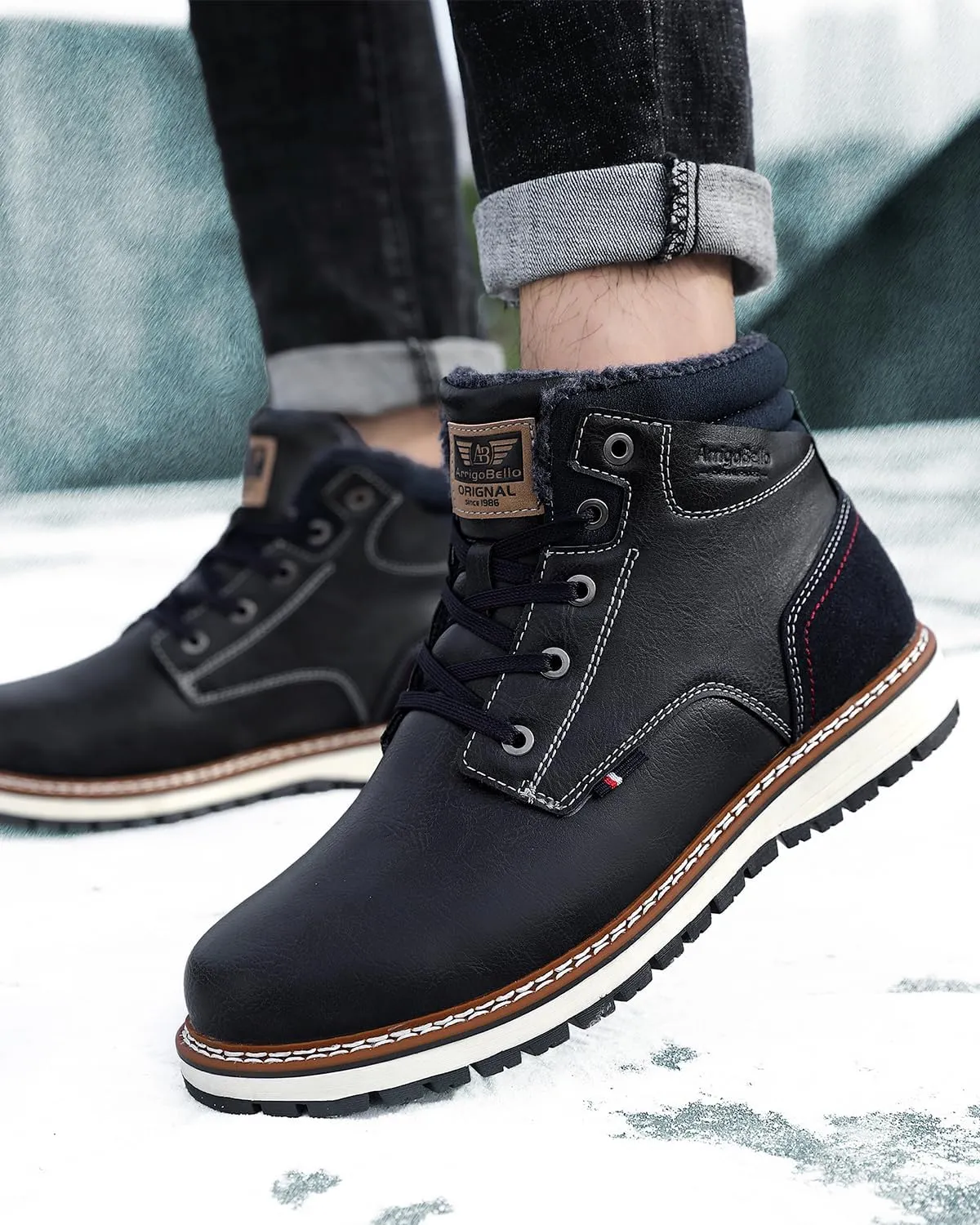 ARRIGO BELLO Mens Winter Boots Snow Casual Booties Warm Fur Mesh Lined Ankle Outdoor Lightweight Non-Slip Trekking Walking Leather Shoes