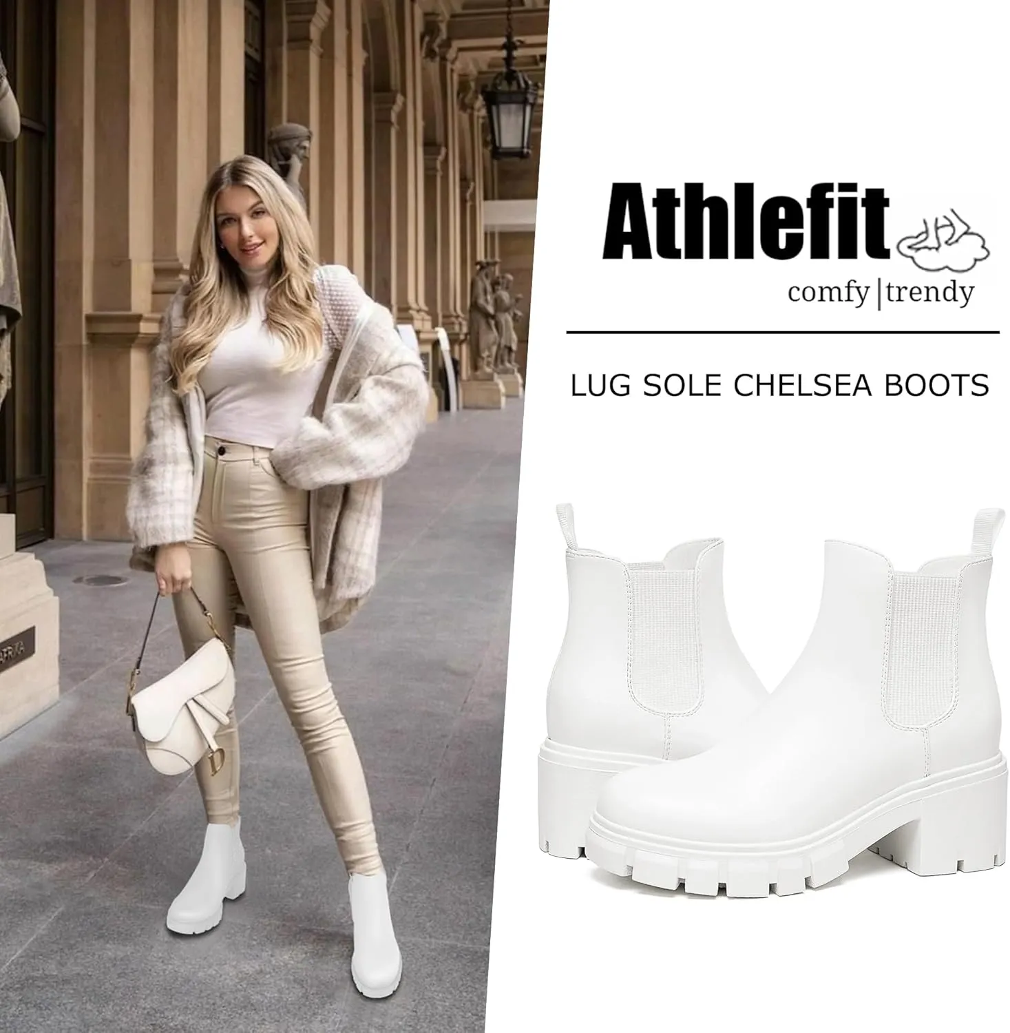 Athlefit Women's Chelsea Boots Fashion Lug Sole Chunky Heel Slip on Elastic Ankle Booties