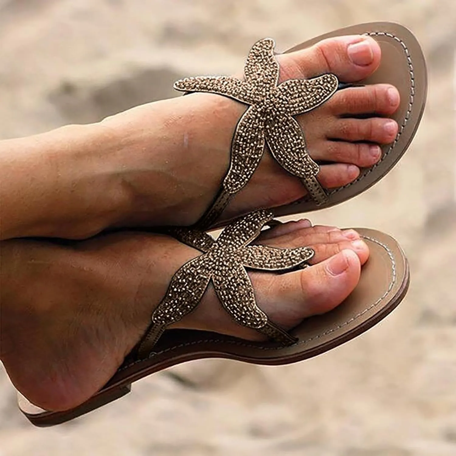 Beach Sandals for Woman Summer Fashion Starfish Slippers Casual Lightweight Slip-on Open Toe Thong Flip Flops Breathable Knitted Pentagram Outdoor Slippers