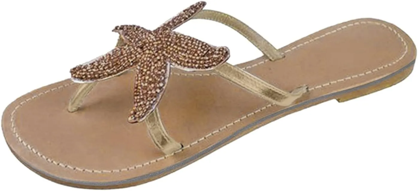 Beach Sandals for Woman Summer Fashion Starfish Slippers Casual Lightweight Slip-on Open Toe Thong Flip Flops Breathable Knitted Pentagram Outdoor Slippers
