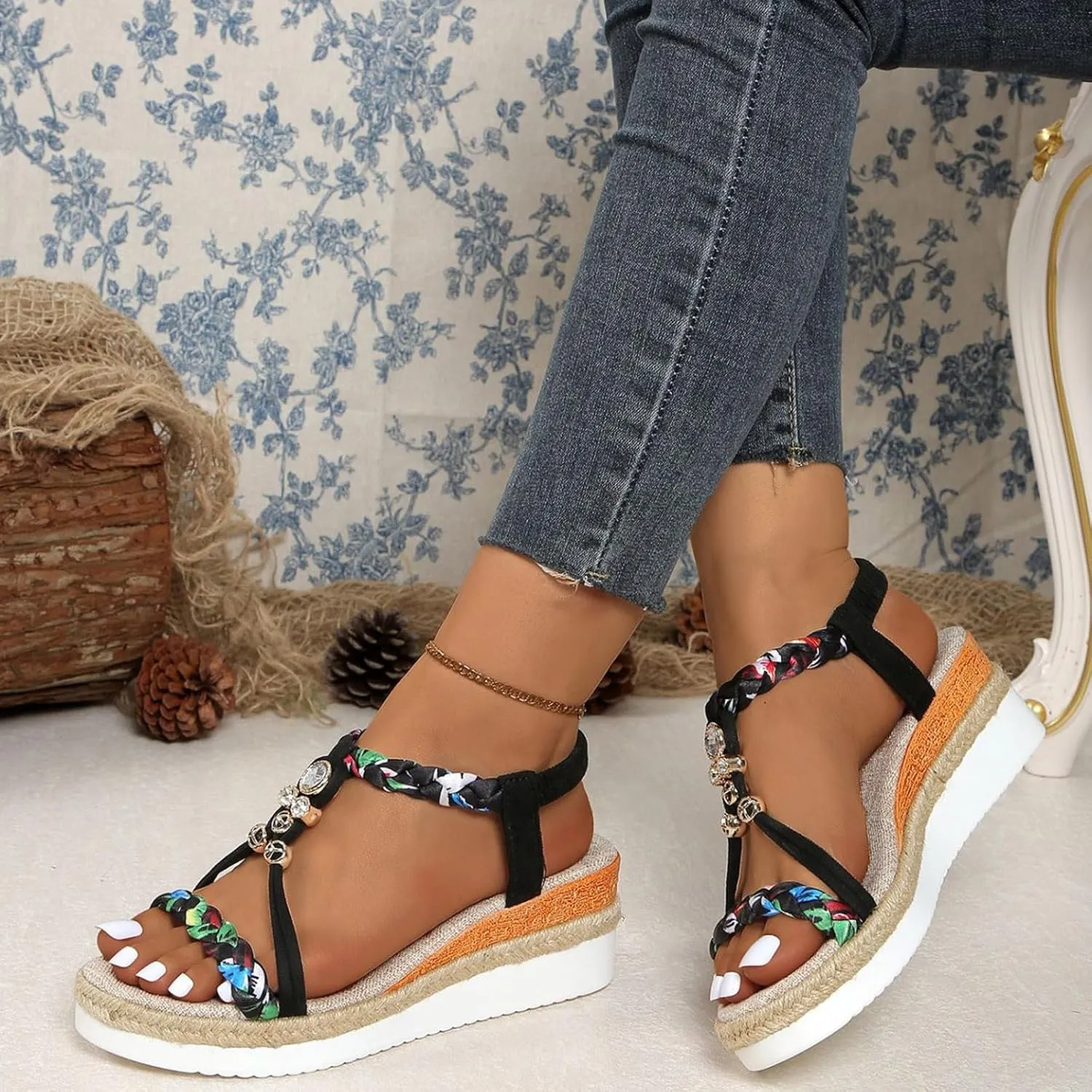 Beach Sandals for Women Low Heel Wedge Open Toe Ankle Strap Summer Shoes for Beach Holiday Comfortable Dressy Shoes