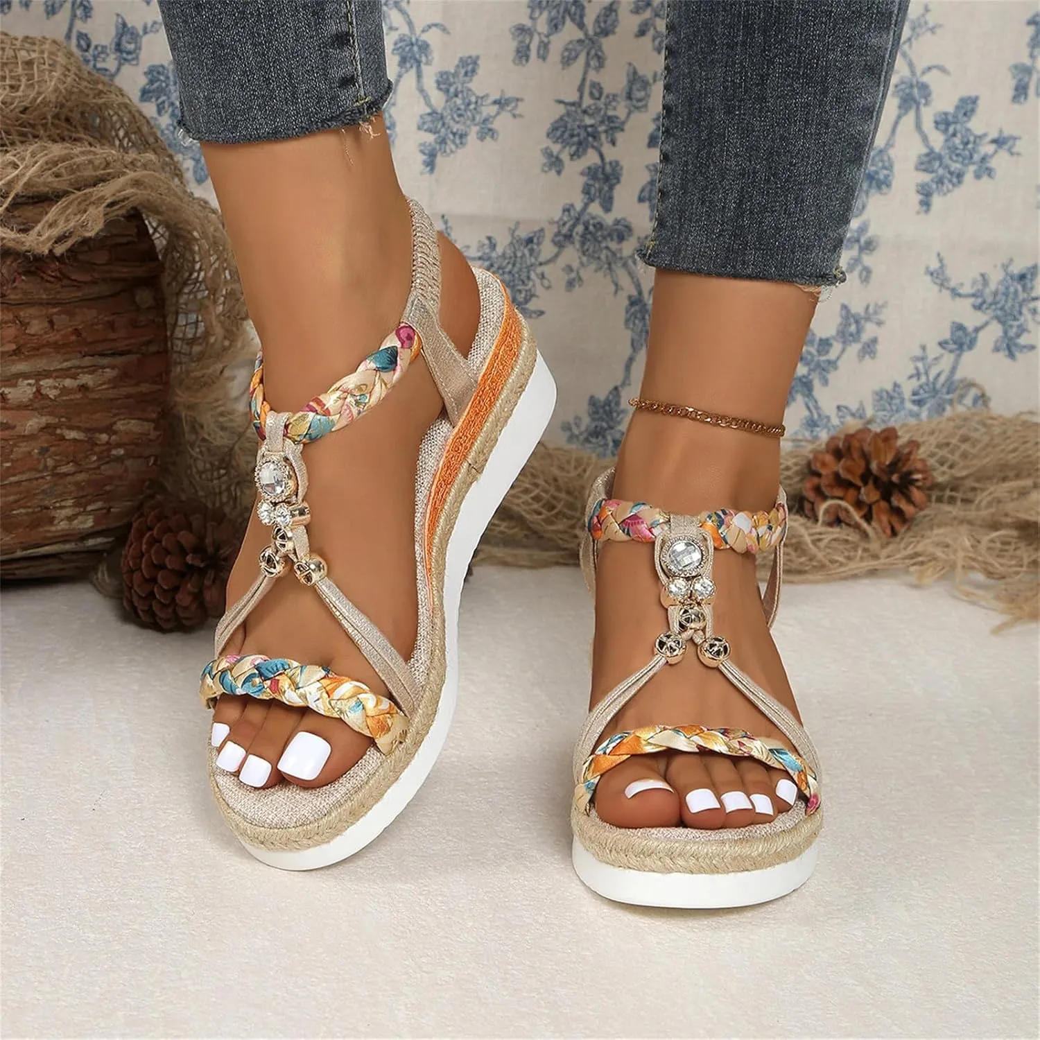 Beach Sandals for Women Low Heel Wedge Open Toe Ankle Strap Summer Shoes for Beach Holiday Comfortable Dressy Shoes