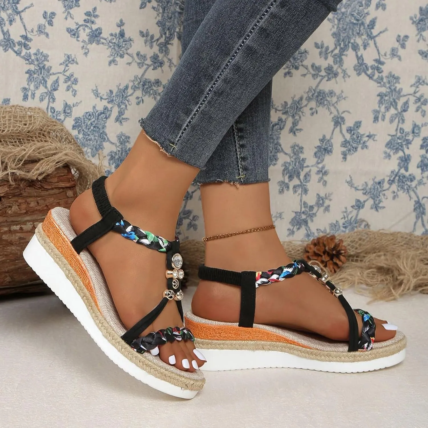 Beach Sandals for Women Low Heel Wedge Open Toe Ankle Strap Summer Shoes for Beach Holiday Comfortable Dressy Shoes