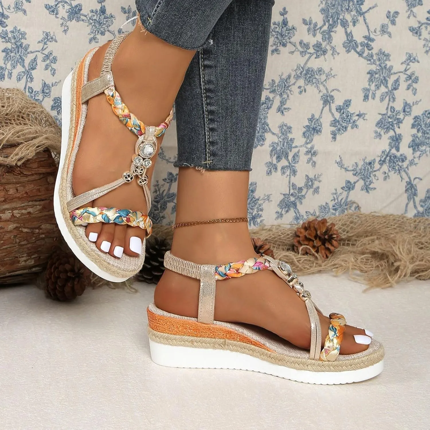 Beach Sandals for Women Low Heel Wedge Open Toe Ankle Strap Summer Shoes for Beach Holiday Comfortable Dressy Shoes