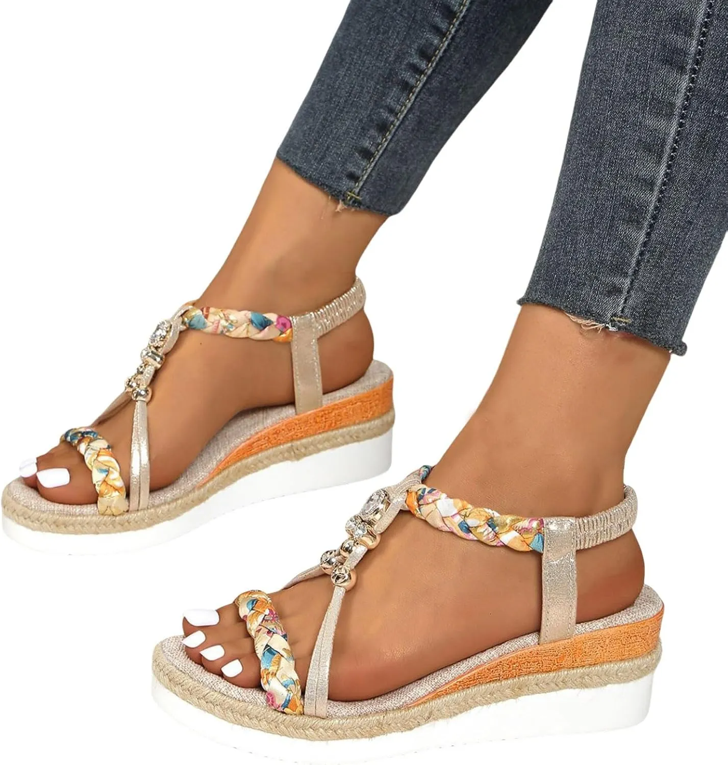 Beach Sandals for Women Low Heel Wedge Open Toe Ankle Strap Summer Shoes for Beach Holiday Comfortable Dressy Shoes