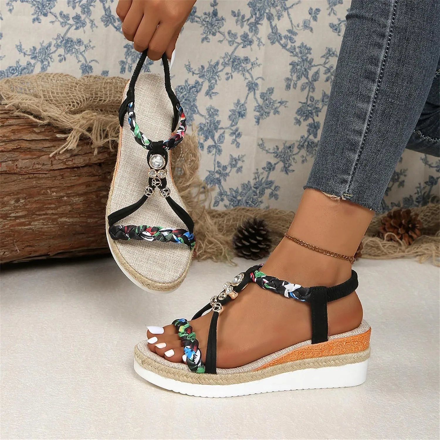 Beach Sandals for Women Low Heel Wedge Open Toe Ankle Strap Summer Shoes for Beach Holiday Comfortable Dressy Shoes