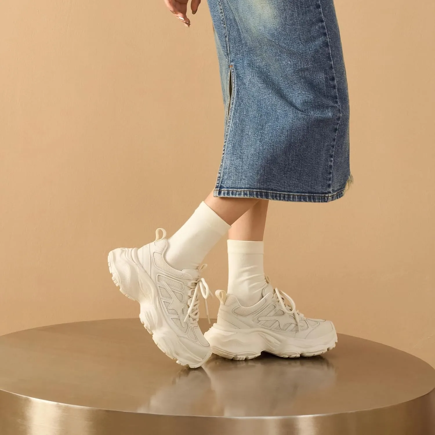 BEAU TODAY Womens Chunky Sneakers,Fashion Sneakers for Women,Lace-up Air Mesh Chunky Walking Tennis Shoes Treny Dad Sneakers