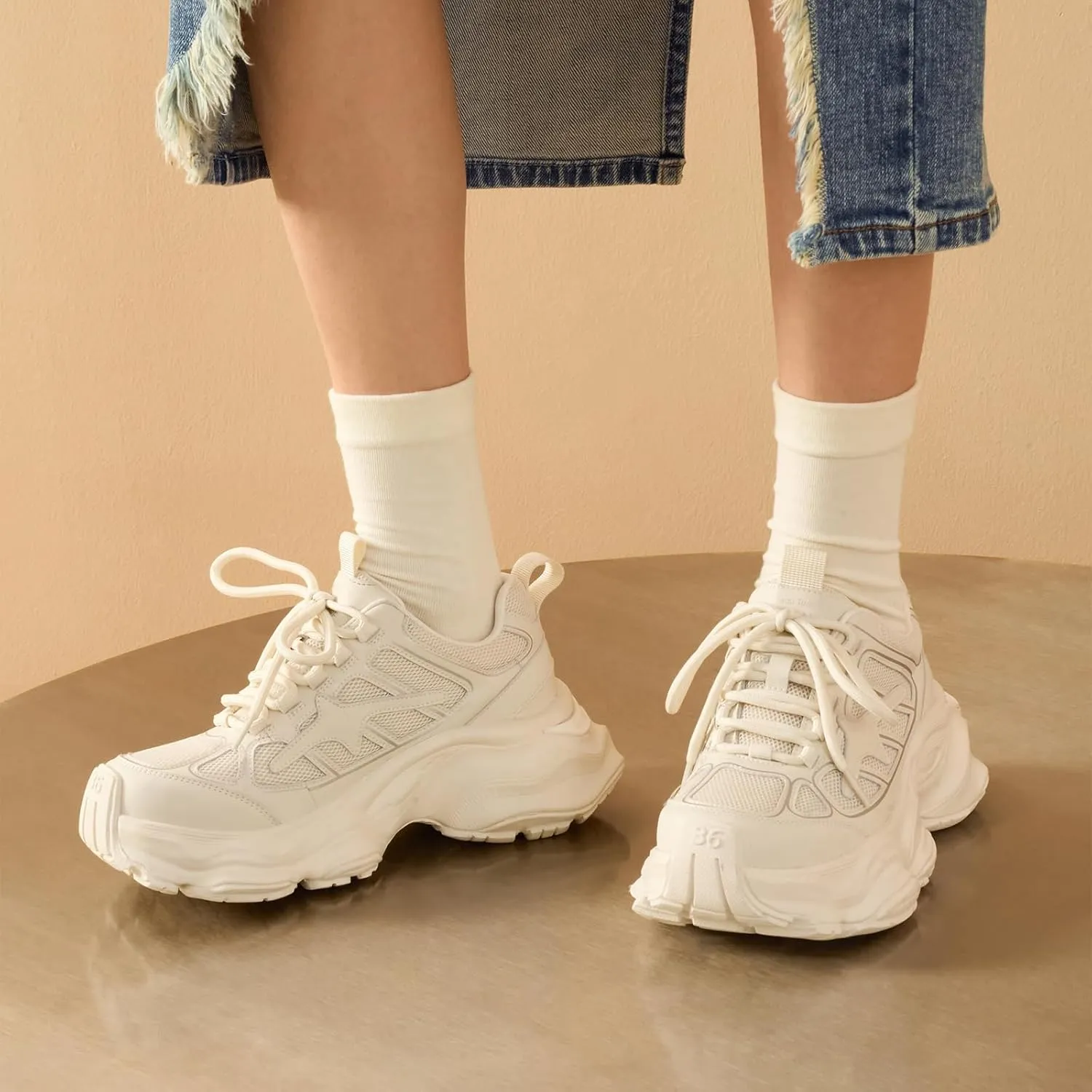 BEAU TODAY Womens Chunky Sneakers,Fashion Sneakers for Women,Lace-up Air Mesh Chunky Walking Tennis Shoes Treny Dad Sneakers