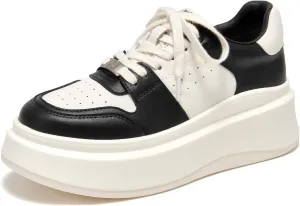 BEAU TODAY Women's Platform Sneakers,Fashion Leather Tennis Shoes for Women,Chunky Lightweight Comfortable Non Slip Lace up Dress Casual Walking Shoes