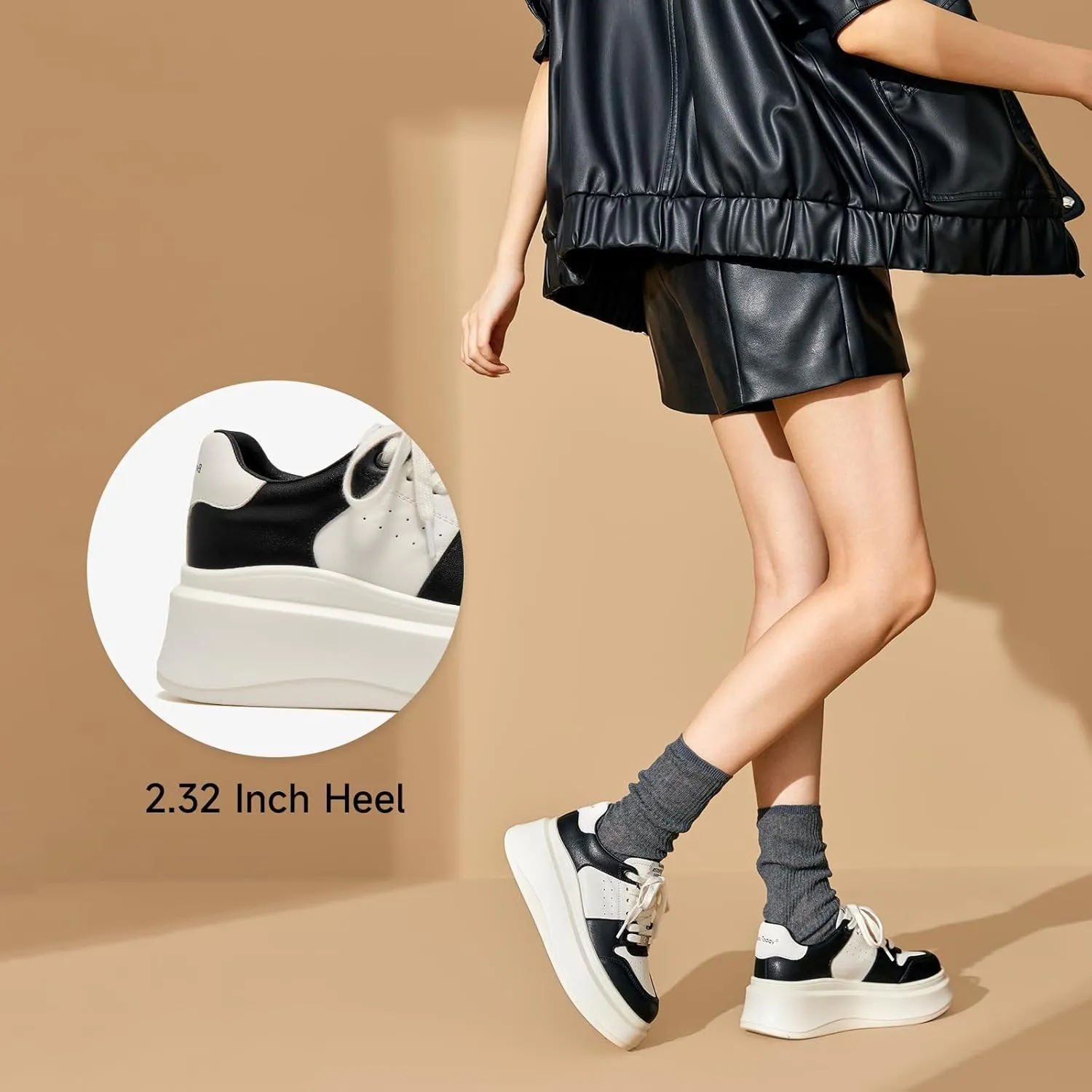 BEAU TODAY Women's Platform Sneakers,Fashion Leather Tennis Shoes for Women,Chunky Lightweight Comfortable Non Slip Lace up Dress Casual Walking Shoes