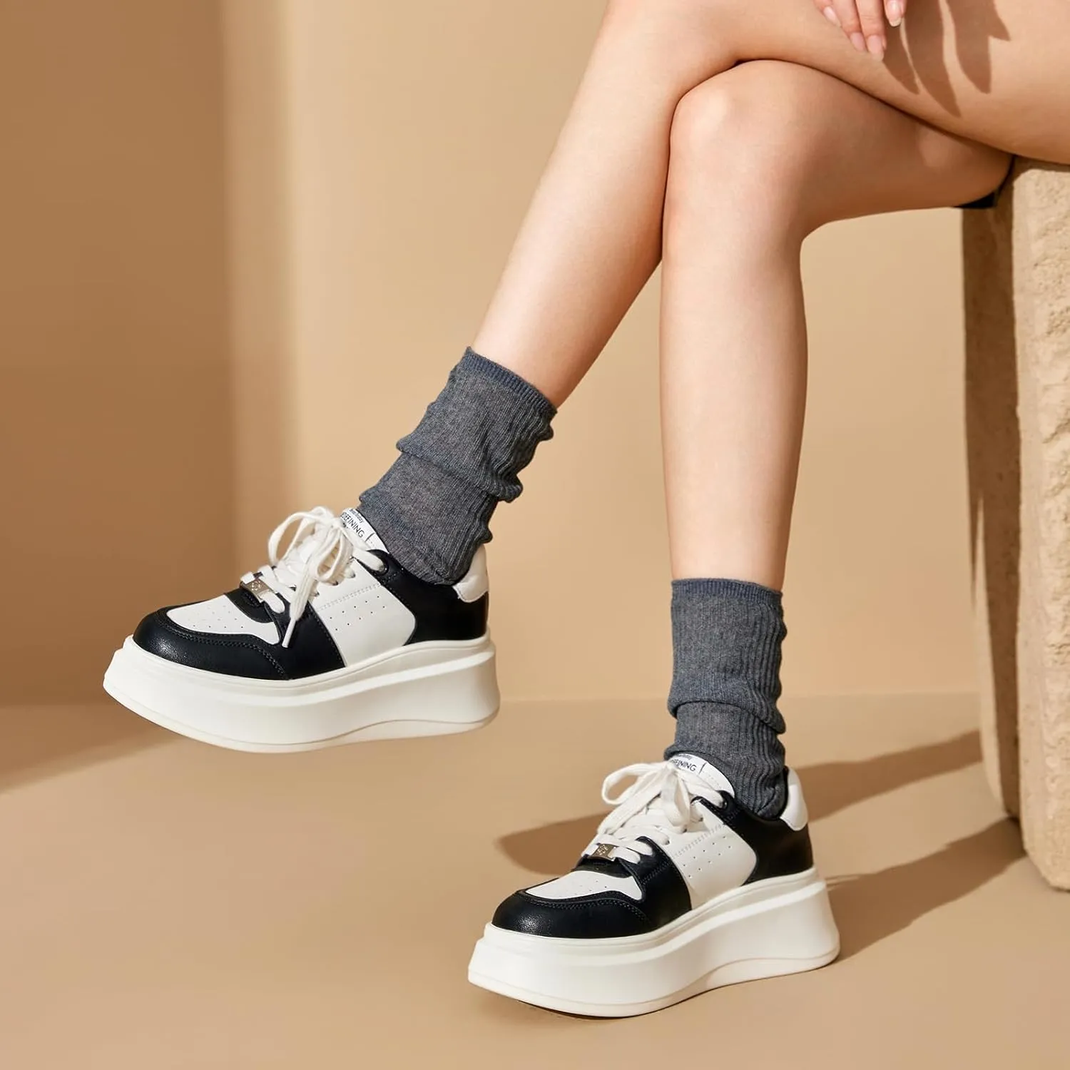 BEAU TODAY Women's Platform Sneakers,Fashion Leather Tennis Shoes for Women,Chunky Lightweight Comfortable Non Slip Lace up Dress Casual Walking Shoes
