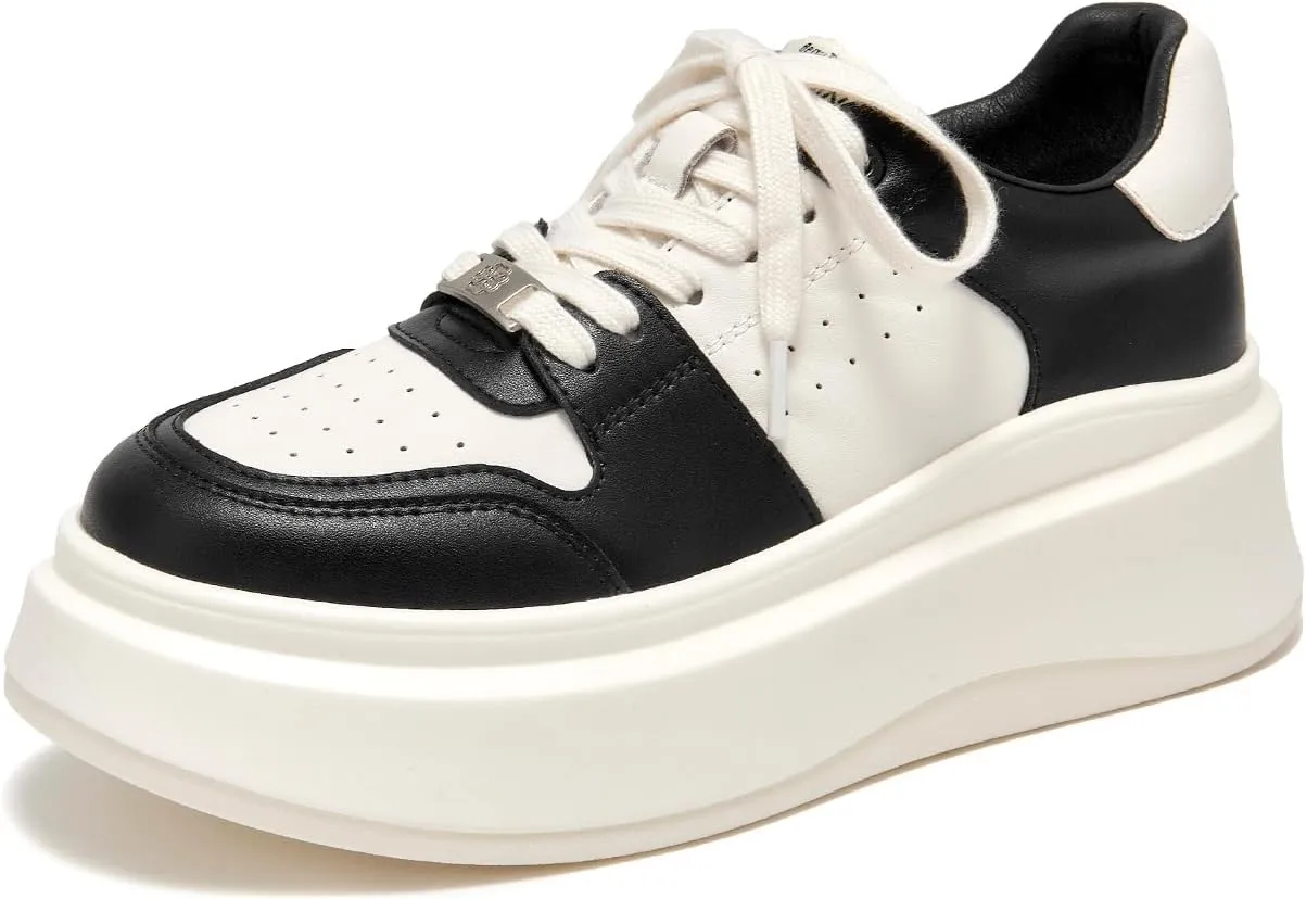 BEAU TODAY Women's Platform Sneakers,Fashion Leather Tennis Shoes for Women,Chunky Lightweight Comfortable Non Slip Lace up Dress Casual Walking Shoes