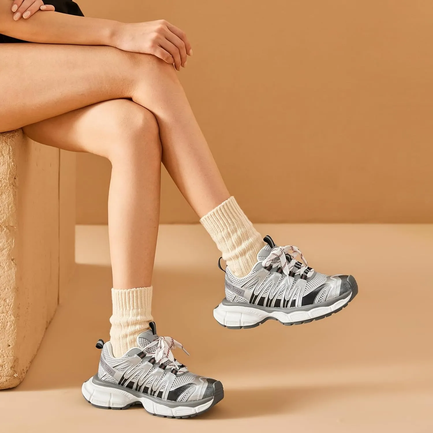 BEAU TODAY Women's Walking Shoes, Chunky Platform Fashion Sneakers for Women, Comfortable Casual Lightweight Lace-up Gym Workout Athletic Tennis Shoes