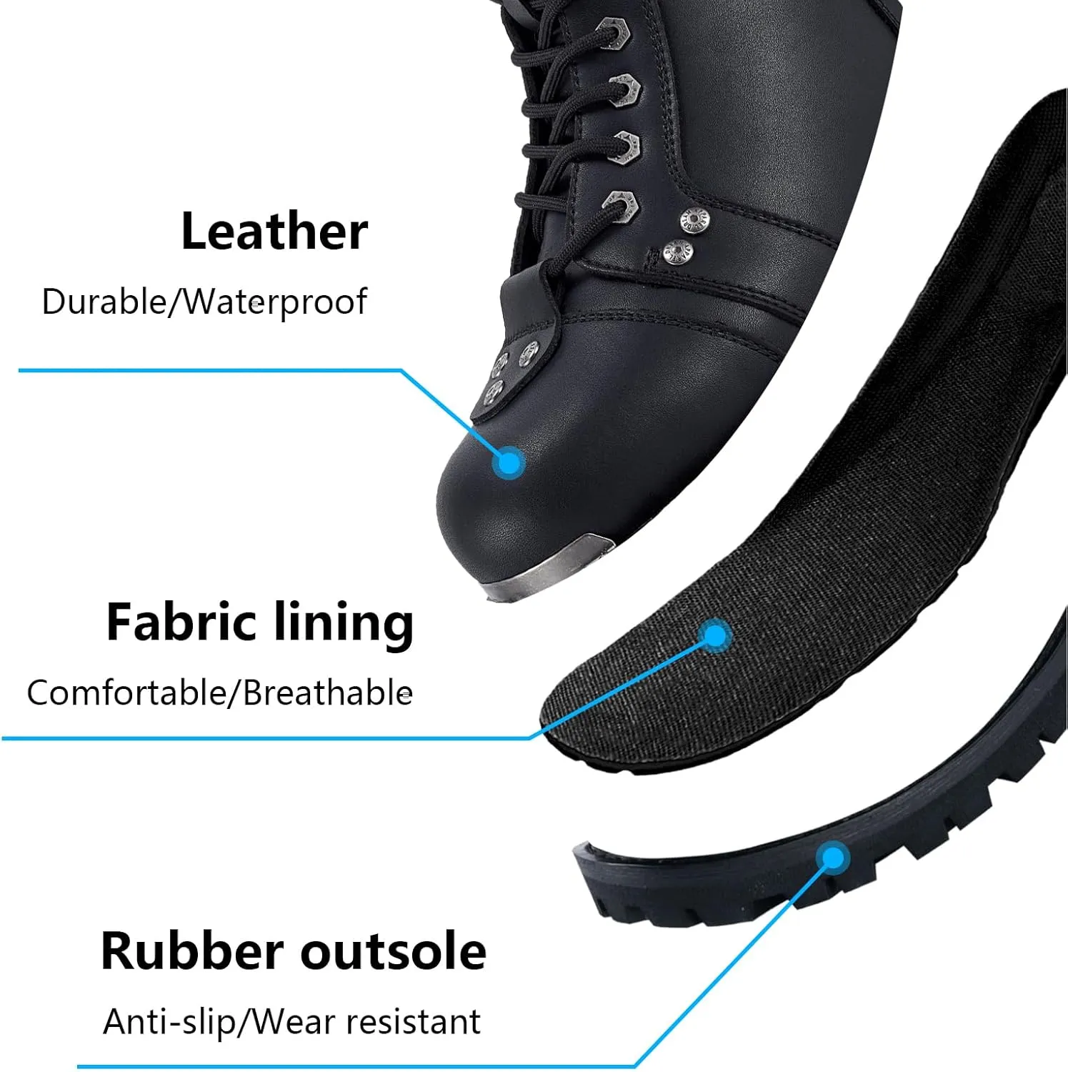 Black Men's Motorcycle Boot For Riding PU Leather Combat Boots For Men Waterproof Biker Boots with Lace-Up Side Zipper