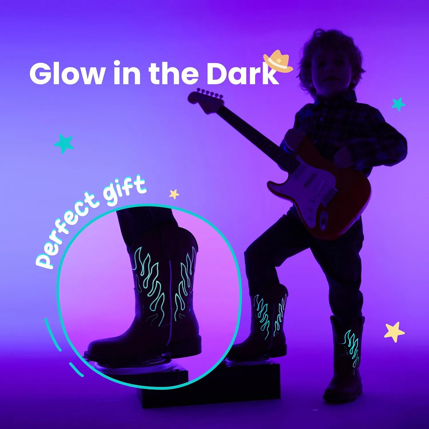 Boys Cowboy Boots Toddler Girls Cowgirl Boots Glow In The Dark Little Big Kid Western Glitter Mid Calf Embroidered Pull On Low Heel All Seasons Unisex-Child Comfortable Party Birthday Dress Up Dance