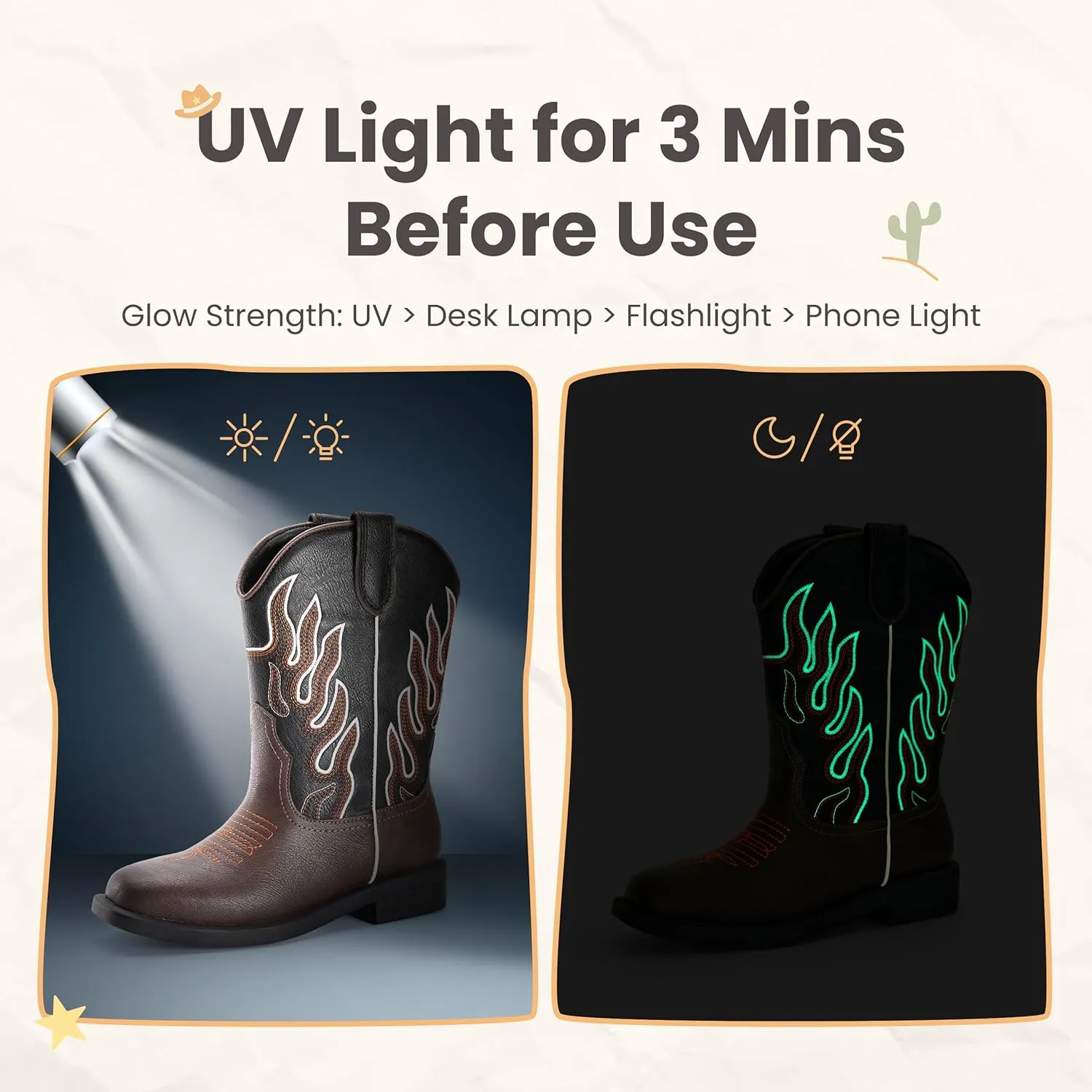 Boys Cowboy Boots Toddler Girls Cowgirl Boots Glow In The Dark Little Big Kid Western Glitter Mid Calf Embroidered Pull On Low Heel All Seasons Unisex-Child Comfortable Party Birthday Dress Up Dance