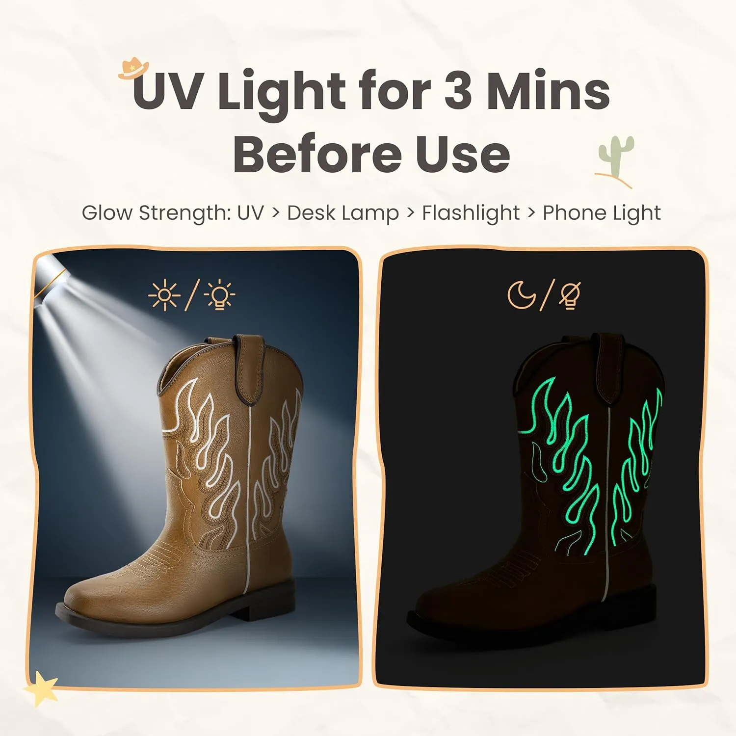 Boys Cowboy Boots Toddler Girls Cowgirl Boots Glow In The Dark Little Big Kid Western Glitter Mid Calf Embroidered Pull On Low Heel All Seasons Unisex-Child Comfortable Party Birthday Dress Up Dance