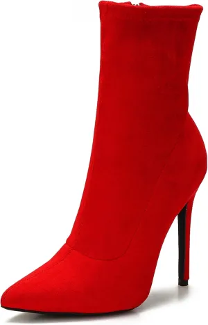 CAMSSOO Women's Ankle Boots Stiletto High Heels Boots Sexy Pointed Toe Side Zipper Sock Boots Comfy Mid Calf Booties