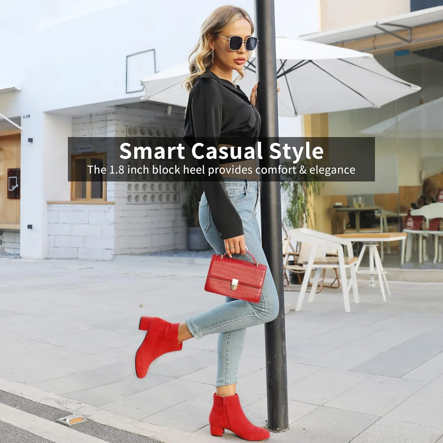 CAMSSOO Women's Fashion Short Gogo Ankle Boots Suede Boots Low Mid Block Heel Boots Side Zipper Booties Shoes