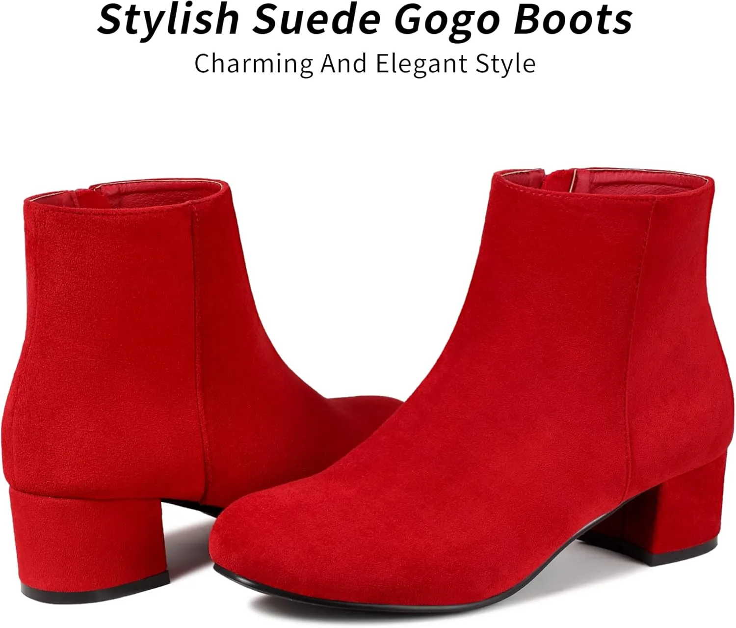 CAMSSOO Women's Fashion Short Gogo Ankle Boots Suede Boots Low Mid Block Heel Boots Side Zipper Booties Shoes