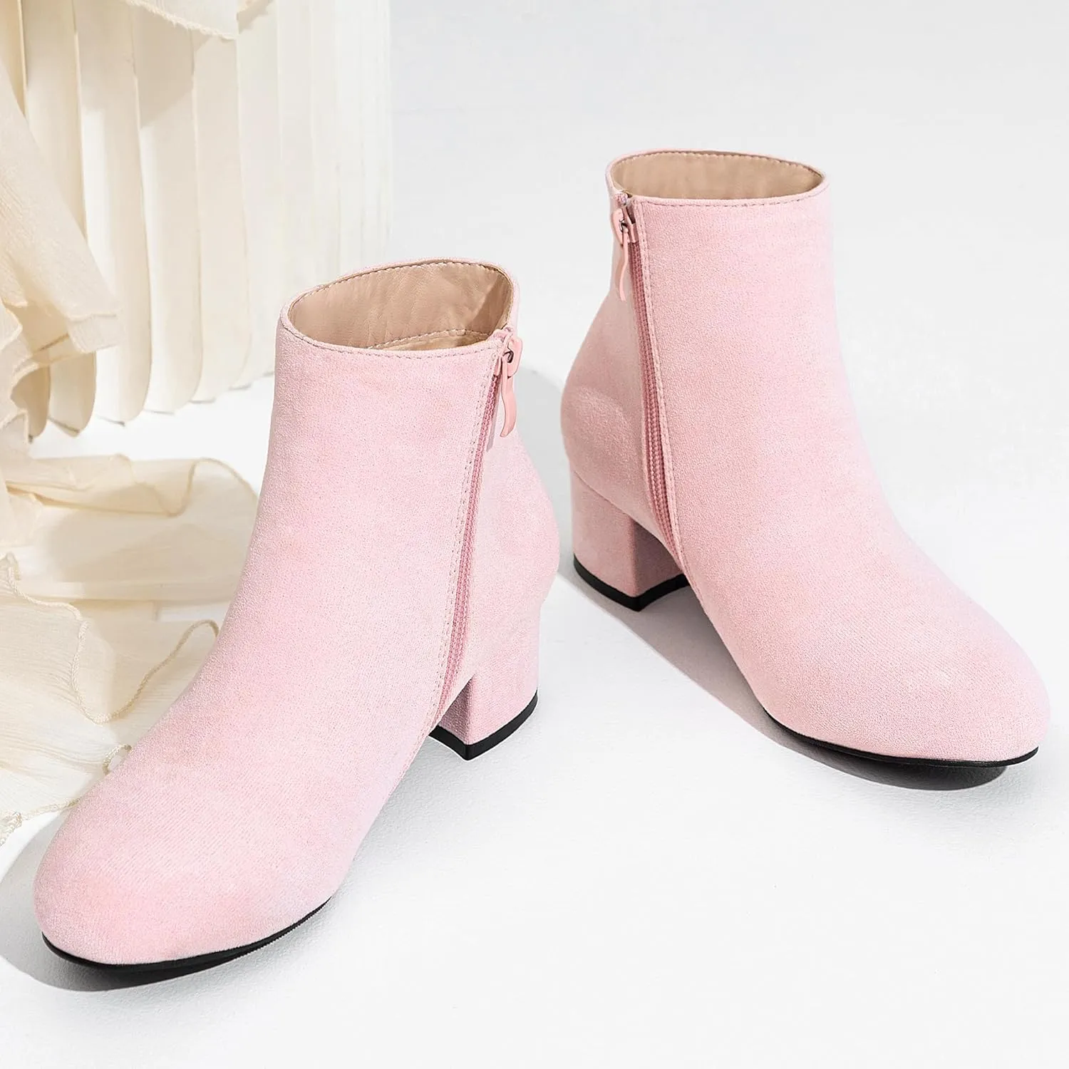 CAMSSOO Women's Fashion Short Gogo Ankle Boots Suede Boots Low Mid Block Heel Boots Side Zipper Booties Shoes