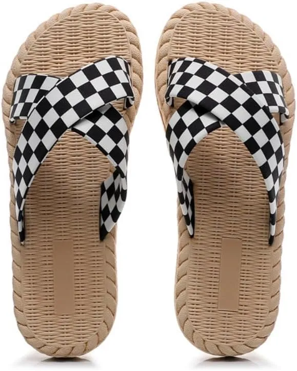 Checkered Slippers for Women Cute Cross Band Espadrilles Lightweight Flat Water Sandals Non-Slip Open Toe Thong Dressy Chunky Casual Walking Sandals Comfort Wear Shoes Bath Shower Summer Vacation