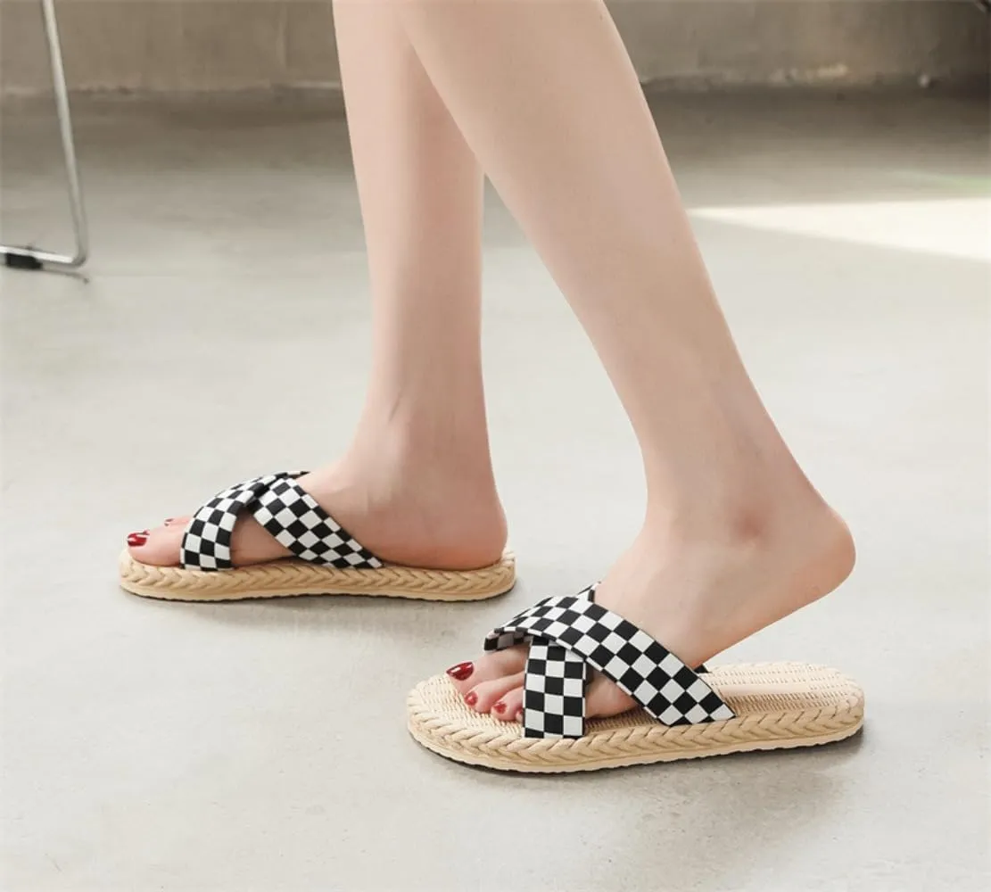 Checkered Slippers for Women Cute Cross Band Espadrilles Lightweight Flat Water Sandals Non-Slip Open Toe Thong Dressy Chunky Casual Walking Sandals Comfort Wear Shoes Bath Shower Summer Vacation
