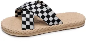 Checkered Slippers for Women Cute Cross Band Espadrilles Lightweight Flat Water Sandals Non-Slip Open Toe Thong Dressy Chunky Casual Walking Sandals Comfort Wear Shoes Bath Shower Summer Vacation