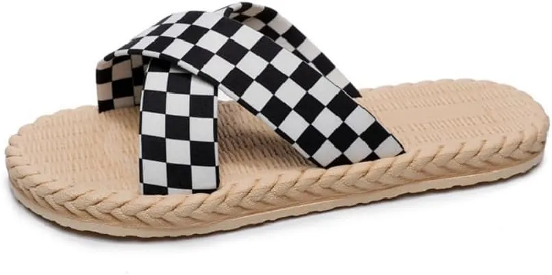 Checkered Slippers for Women Cute Cross Band Espadrilles Lightweight Flat Water Sandals Non-Slip Open Toe Thong Dressy Chunky Casual Walking Sandals Comfort Wear Shoes Bath Shower Summer Vacation