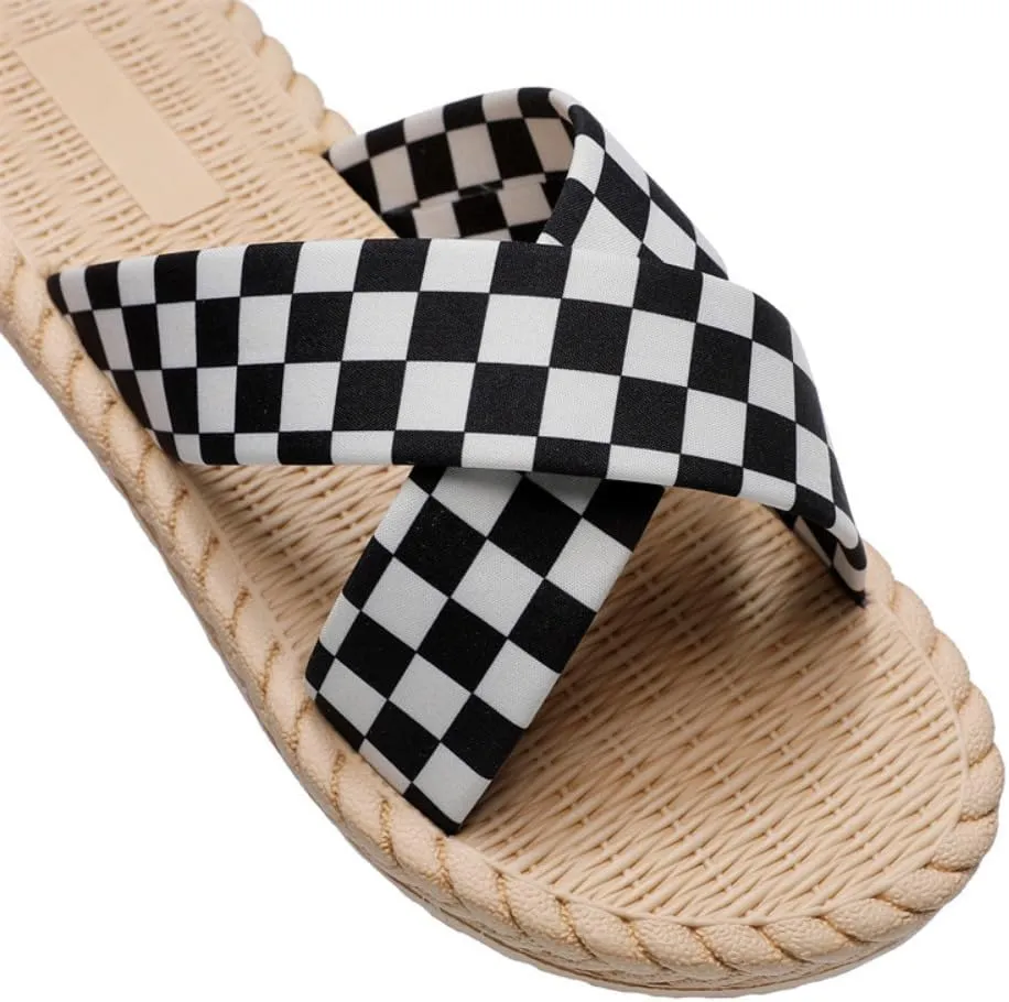 Checkered Slippers for Women Cute Cross Band Espadrilles Lightweight Flat Water Sandals Non-Slip Open Toe Thong Dressy Chunky Casual Walking Sandals Comfort Wear Shoes Bath Shower Summer Vacation