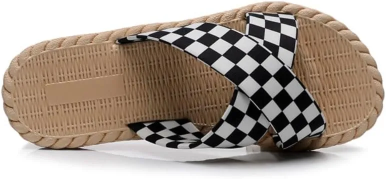 Checkered Slippers for Women Cute Cross Band Espadrilles Lightweight Flat Water Sandals Non-Slip Open Toe Thong Dressy Chunky Casual Walking Sandals Comfort Wear Shoes Bath Shower Summer Vacation