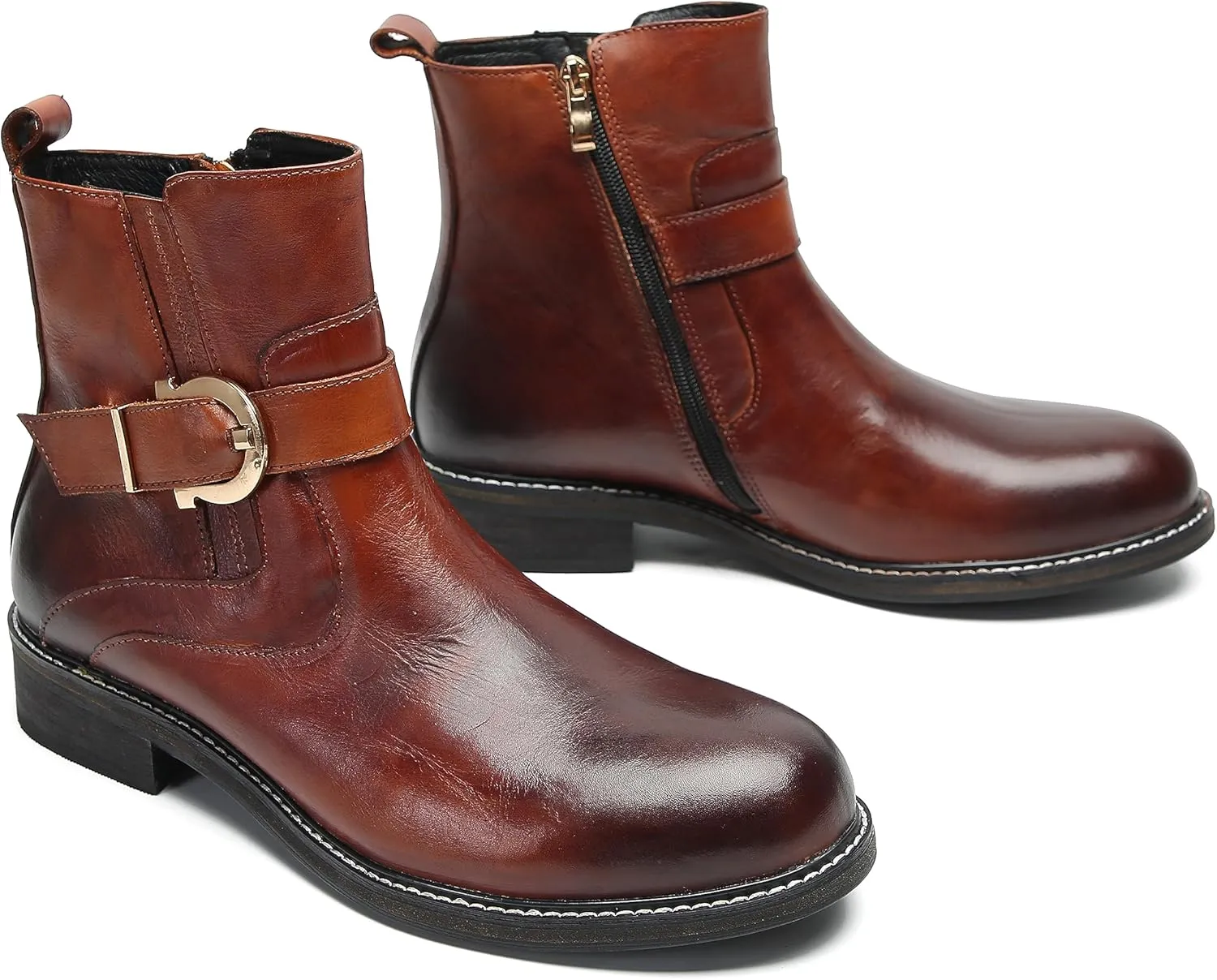 Chelsea Boots Men Dress Casual Cowboys Boots Genuine Leather Belt Buckle Western Boots Fashion Comfort Prom Wedding Tuxedo Party Disco Singer Mid Top Boot for Men