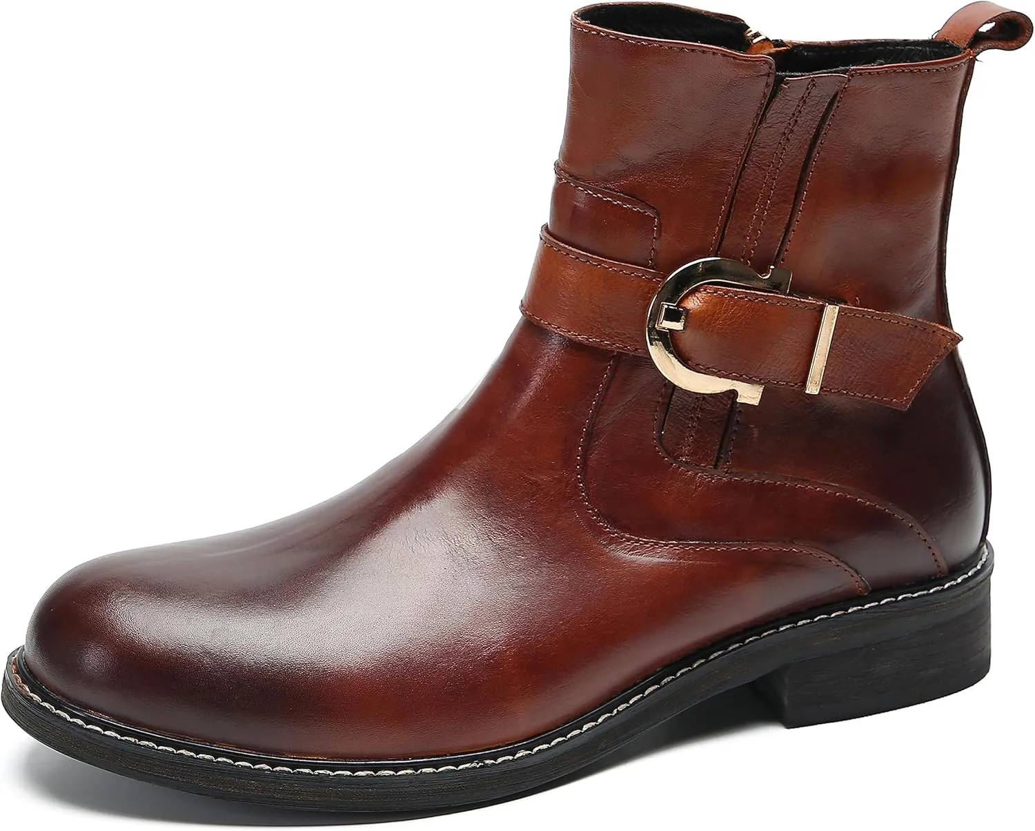 Chelsea Boots Men Dress Casual Cowboys Boots Genuine Leather Belt Buckle Western Boots Fashion Comfort Prom Wedding Tuxedo Party Disco Singer Mid Top Boot for Men