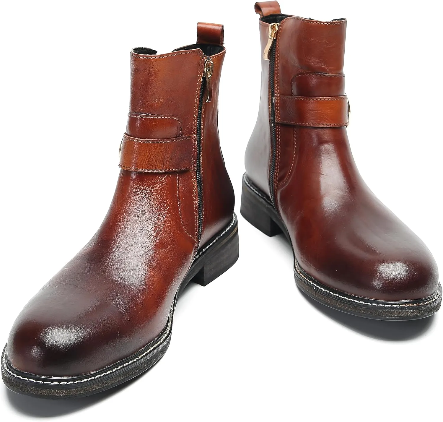 Chelsea Boots Men Dress Casual Cowboys Boots Genuine Leather Belt Buckle Western Boots Fashion Comfort Prom Wedding Tuxedo Party Disco Singer Mid Top Boot for Men
